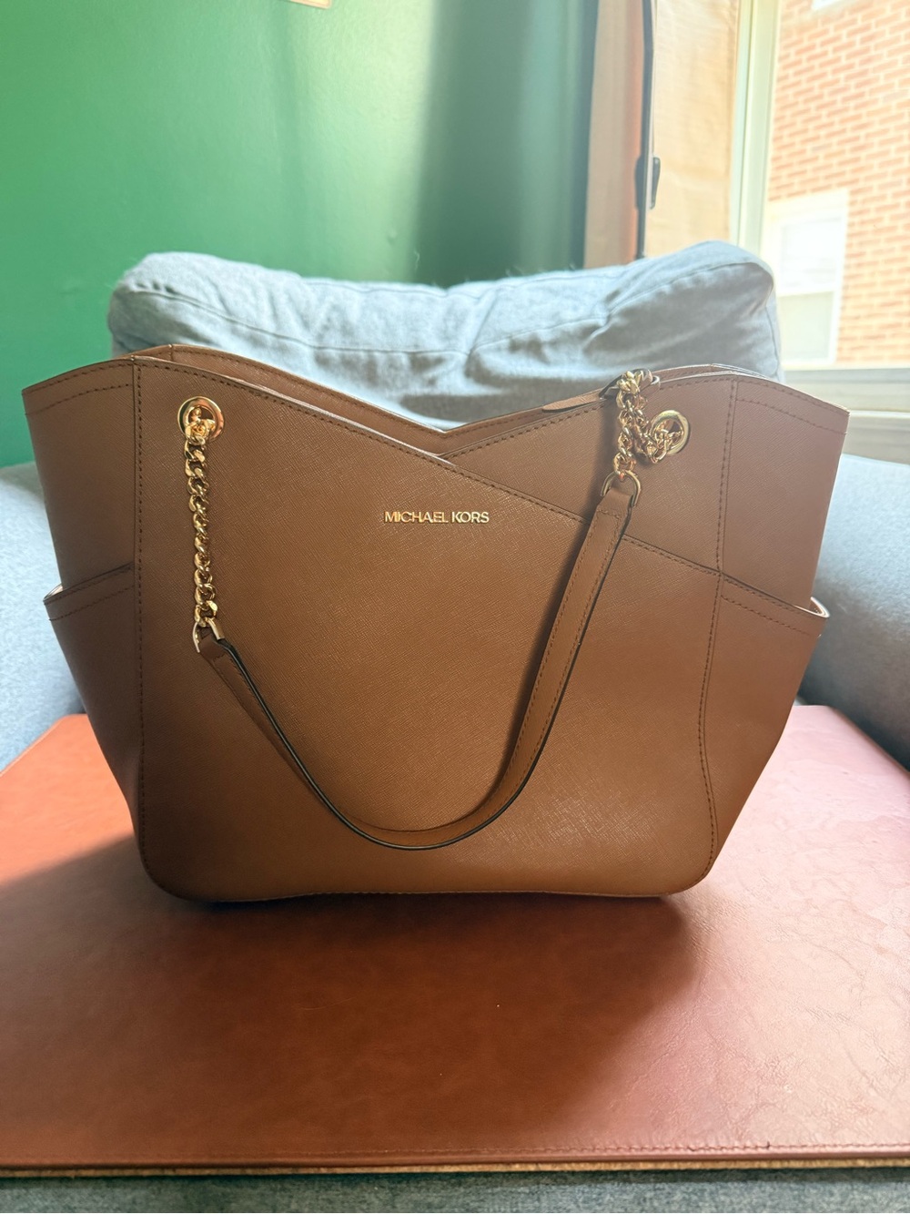 Michael Kors Brown Saffiano Tote with Gold Chain Handles